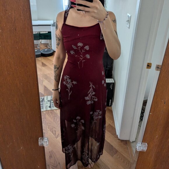 Vintage Y2K Red Floral Mesh Maxi Dress Ezen Small - Picture 4 of 11